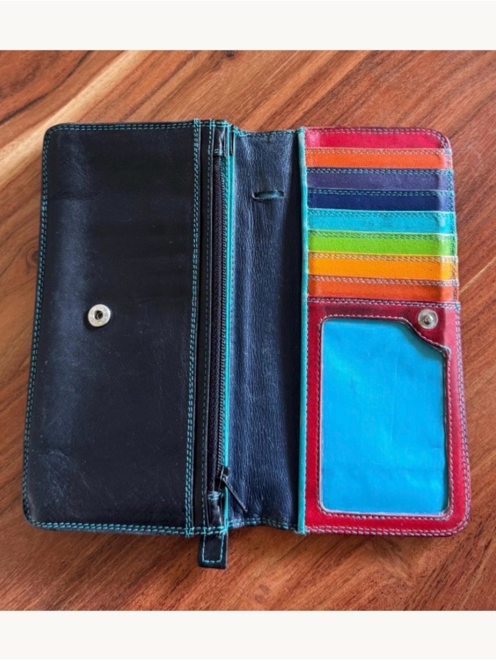 Women’s Multicolor Leather Wallet - Navy Blue with Rainbow Card Slots